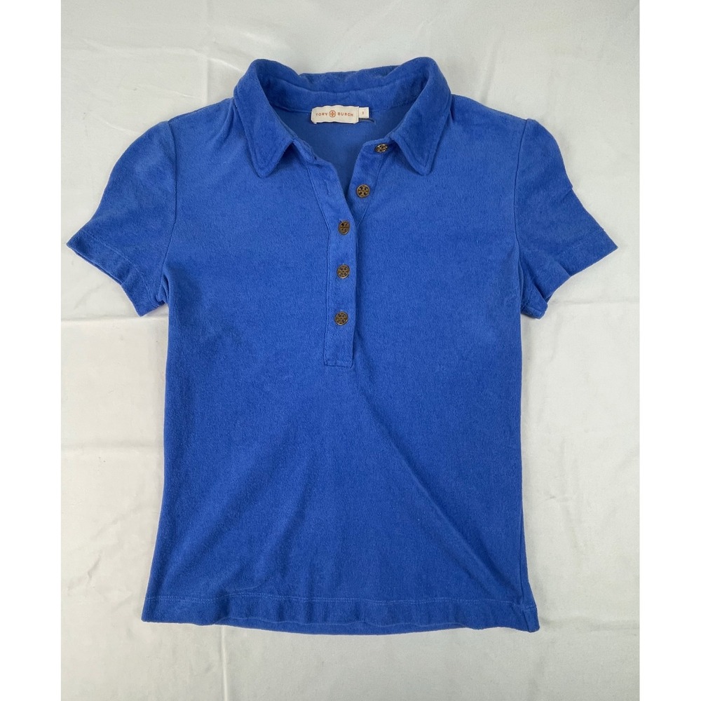 Tory Burch Blue Terry Cloth Polo Shirt Short Sleeve Logo Buttons Size S 46954